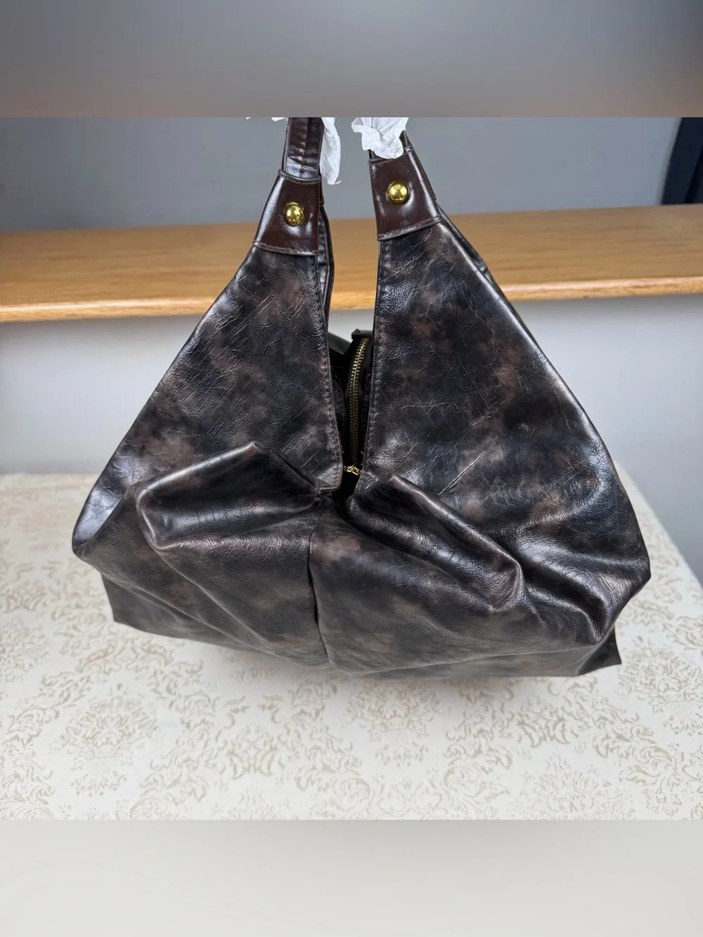 Avon Dark Brown Faux Leather Duffel Bag, Roomy, Zip Closure, New